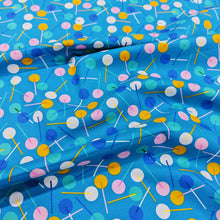 Load image into Gallery viewer, 100% Cotton made in Japan, Eye Candy by Ruby Star, abstract bright lollipop design on blue, flat drape, for sale at Minerva's Bower