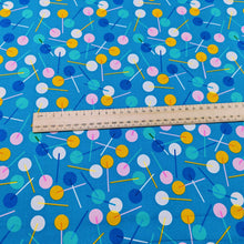 Load image into Gallery viewer, 100% Cotton made in Japan, Eye Candy by Ruby Star, abstract bright lollipop design on blue, scale image, for sale at Minerva's Bower