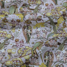 Load image into Gallery viewer, Flat drape of 100% Cotton, May Gibbs - Gossiping Gumnuts in Pink, for sale at Minerva's Bower