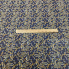 Load image into Gallery viewer, Patterned lyocell fabric with paisley design and a blue base, with a ruler for scale, for sale at Minerva's Bower