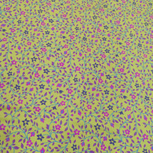 Load image into Gallery viewer, 100% cotton Floral patterned fabric with pink and purple flowers on a chartreuse background