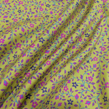 Load image into Gallery viewer, Draped 100% cotton Floral patterned fabric with pink and purple flowers on a chartreuse background
