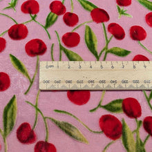 Load image into Gallery viewer, Close up of Silk Burnout Velvet, Cherries, for sale at Minerva's Bower, ruler included for scale