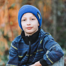 Load image into Gallery viewer, Child in hoodie in See You At Six Cotton French Terry, Sound Waves, fabric for sale at Minerva's Bower
