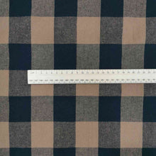 Load image into Gallery viewer, Beautiful yarn dyed pure cotton, in small gingham check of black and nutmeg. Image includes a ruler to show scaleAvailable now at Minerva's Bower
