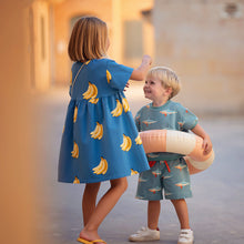 Load image into Gallery viewer, Dress in See You At Six Cotton French Terry, Bananas, for sale at MInerva's Bower