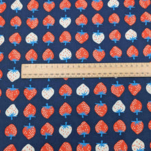 Load image into Gallery viewer, Flat lay of pure cotton, strawberries, by ruby star society. Made in Japan. Available at Minerva's Bower. Ruler included for scale