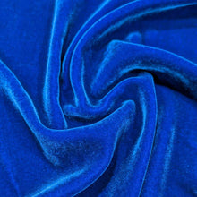 Load image into Gallery viewer, Flat lay of pure silk velvet in royal lcolourway. Available at MInerva's Bower. Fabric draped to show how it drapes