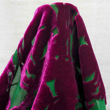 Load image into Gallery viewer, Flat lay of pure silk burnout velvet, in fuchsia floral design. Available at Minerva's Bower. Fabric draped to show how it handles
