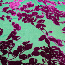 Load image into Gallery viewer, Flat lay of pure silk burnout velvet, in fuchsia floral design. Available at Minerva's Bower