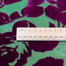 Load image into Gallery viewer, Flat lay of pure silk burnout velvet, in fuchsia floral design. Available at Minerva's Bower. Ruler included for scale