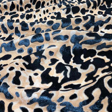 Load image into Gallery viewer, Flat lay of pure silk velvet burnout in a leopard print design. Available at Minerva's Bower. Fabric draped to show how the fabric handles