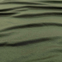Load image into Gallery viewer, Flat lay of Stellar rayon spandex rib knit in khaki colourway. Available at Minerva's Bower. Fabric draped to show how it handles