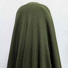 Load image into Gallery viewer, Flat lay of Stellar rayon spandex rib knit in khaki colourway. Available at Minerva's Bower. Fabric draped to show how it handles