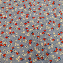 Load image into Gallery viewer, Flat lay of fabric with red apples and white flowers on a blue background in a vintage style, for sale at Minerva&#39;s Bower