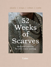 Load image into Gallery viewer, Book cover of '52 Weeks of Scarves' by Laine on a beige background, for sale at Minerva's Bower