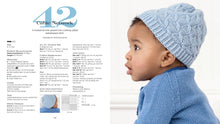 Load image into Gallery viewer, Child wearing a blue knitted hat and sweater with instructiobns from 60 Quick Knit Gifts for Babies, available now at Minerva&#39;s Bower