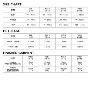 Size Chart of Tessuti Patterns Amara Vest Paper Pattern for Sale at Minerva's Bower