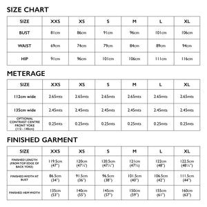 Sie Chart for Tessuti Patterns Annie Dress paper Pattern for sale at Minerva's Bower