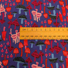 Load image into Gallery viewer, Close up of Ruby Star 100% Cotton, Hello Alice Mushrooms, for sale at Minerva's Bower, ruler included for scale