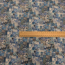 Load image into Gallery viewer, Liberty 100% Cotton Tana Lawn, Archive Patchwork B, small Floral patchwork design in blues, with ruler for scale, for sale at Minerva&#39;s Bower