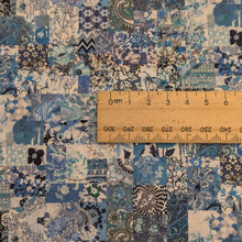 Load image into Gallery viewer, Close up of Liberty 100% Cotton Tana Lawn, Archive Patchwork B, small Floral patchwork design in blues, with ruler for scale, for sale at Minerva&#39;s Bower