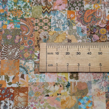 Load image into Gallery viewer, Close up flat lay of Liberty 100% Cotton Tana Lawn, Archive Patchwork C, ruler included for scale - for sale at Minerva's Bower