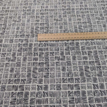 Load image into Gallery viewer, Art Gallery 100% cotton Fabric with a black geometric woodblock pattern on a cream background, measured by a ruler, for sale at Minerva&#39;s Bower