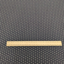 Load image into Gallery viewer, Dark navy Japanese 100% cotton fabric with traditional Hemp leaf design, for sale at Minervas Bower and a ruler included for scale 