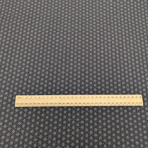 Dark navy Japanese 100% cotton fabric with traditional Hemp leaf design, for sale at Minervas Bower and a ruler included for scale 