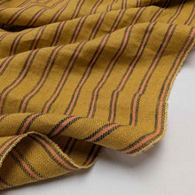 Load image into Gallery viewer, Close up of selvedge of Atumnal Stripe 80% linen 20% cotton - for sale at Minerva's Bower