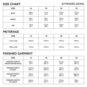 Extended Size Chart  for Tessuti Patterns Bella Dress Paper Pattern For Sale at Minerva's Bower