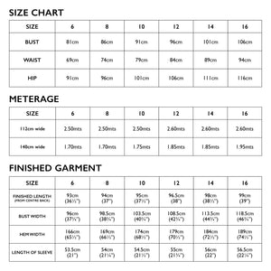 Size Chart of Tessuti Patterns Bella Dress Paper Pattern For Sale at Minerva's Bower