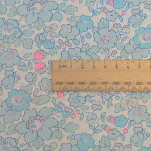 Load image into Gallery viewer, Close up flat lay of Liberty 100% Cotton Tana Lawn, Betsy Bespoke Blue, for sale at Minerva's Bower, ruler included for scale