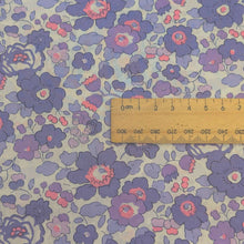 Load image into Gallery viewer, Close up flat lay of Liberty 100% Cotton Tana Lawn, Betsy Bespoke Purple, for sale at Minerva's Bower, ruler included for scale