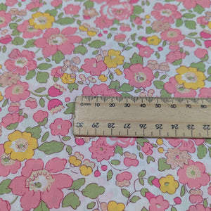 Close up of Liberty 100% Cotton Tana Lawn, Betsy Metallic AB, for sale at Minerva's Bower, ruler included for scale