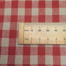 Load image into Gallery viewer, Close up flat lay of 100% washed cotton Bimba, Red, ruler included for scale - for sale at Minerva's Bower