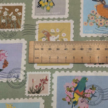 Load image into Gallery viewer, Close up flat lay of 100% Cotton by Devonstone, Aussie Backyard Bird Stamps, ruler included for scale - for sale at Minerva's Bower