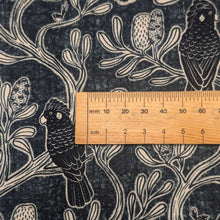 Load image into Gallery viewer, Close up flat lay of 100%Cotton by Devonstone, Bushland Beauty Black Cockatoos, ruler included for scale - for sale at Minerva's Bower