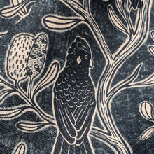 Load image into Gallery viewer, Close up of 100%Cotton by Devonstone, Bushland Beauty Black Cockatoos - for sale at Minerva's Bower
