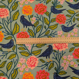  Art Gallery Brushed Cotton Flannelette, Blackbird Aviary with floral and bird pattern, ruler for scale