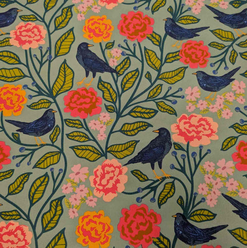 Flat Lay of Art Gallery Brushed Cotton Flannelette, Blackbird Aviary, for sale at Minerva's Bower