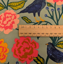 Load image into Gallery viewer, Close up of Art Gallery Brushed Cotton Flannelette, Blackbird Aviary with floral and bird pattern, ruler for scale