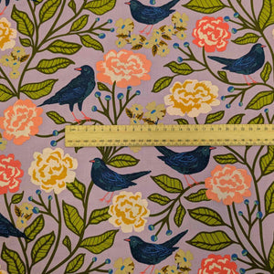 Flat lay of Art Gallery Cotton, Blackbird Canopy, for sale at Minerva's Bower with ruler included for scale