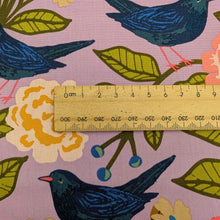Load image into Gallery viewer, Close up of Art Gallery floral Cotton, Blackbird Canopy, for sale at Minerva&#39;s Bower with ruler included for scale