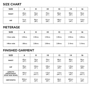 Size chart for Tessuti Patterns Chiara Pants paper pattern for sale at Minerva's Bower