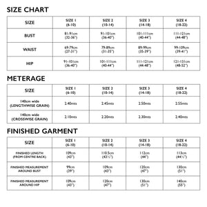 Size Chart for Tessuti Patterns Coni Tunic paper pattern for sale at Minerva's Bower