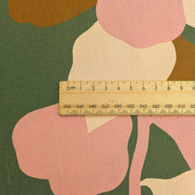 Load image into Gallery viewer, Close up flat lay of Wideback 100% Cotton, Calathea, lovely soft touch cotton for all garments available at Minerva's Bower, ruler included for scale