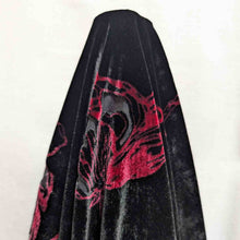 Load image into Gallery viewer, Flat lay of Cora Devore Velvet, Crimson Floral, for sale at Minerva's Bower. Fabric draped to show how it handles