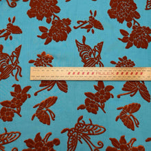 Load image into Gallery viewer, Orange silk devore velvet butterflies and flowers on a jade background. Available at Minerva's Bower. Ruler inculuded for scale